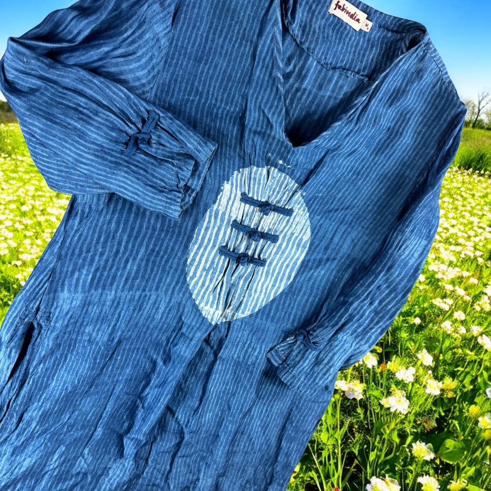 Fabindia Kurti Dress Women M Blue Striped Boho Tunic Indian Modal‎ Peasant